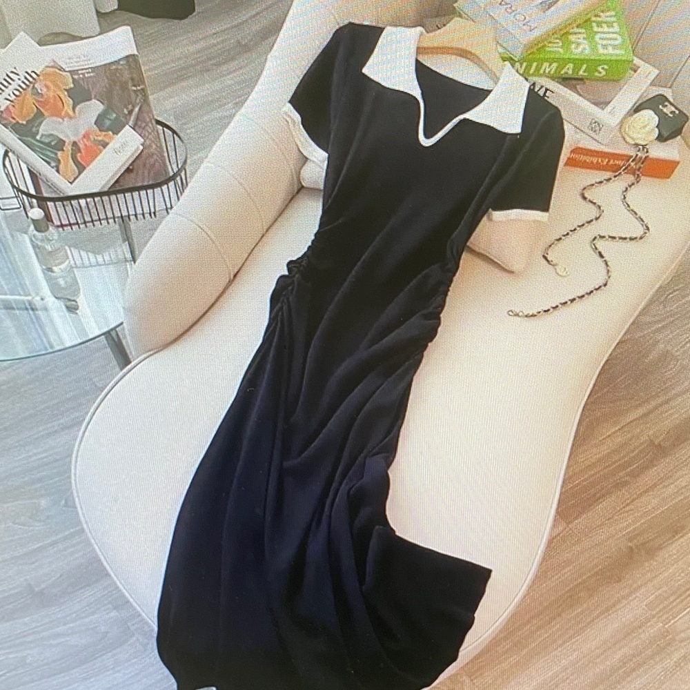 Women's Black Maxi Dress with White Collar - Classic Contrast Polo Style